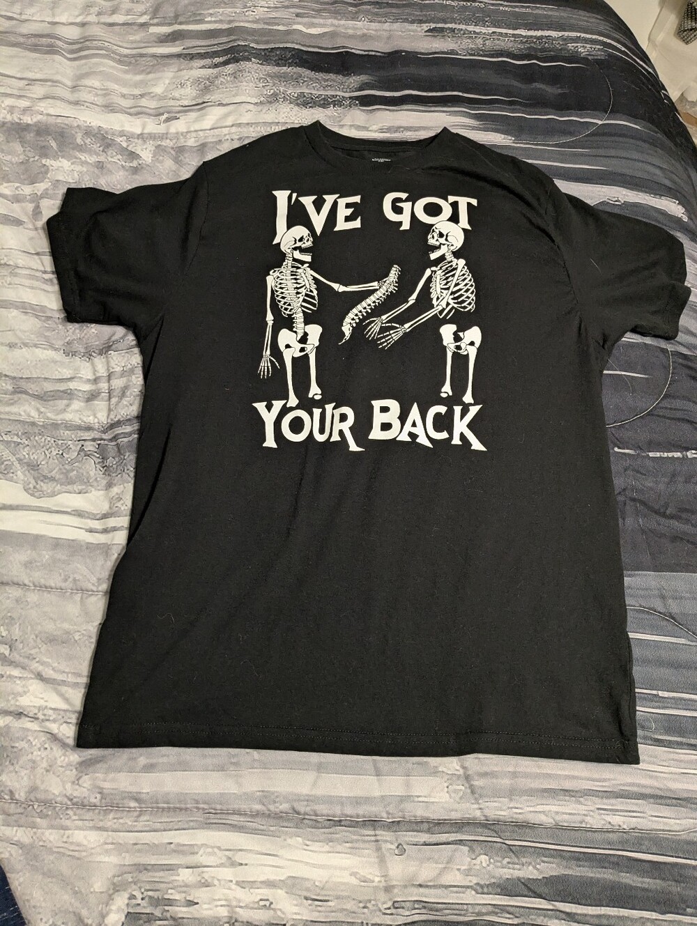 Black Graphic Tee - "I've Got Your Back" Skeleton Print